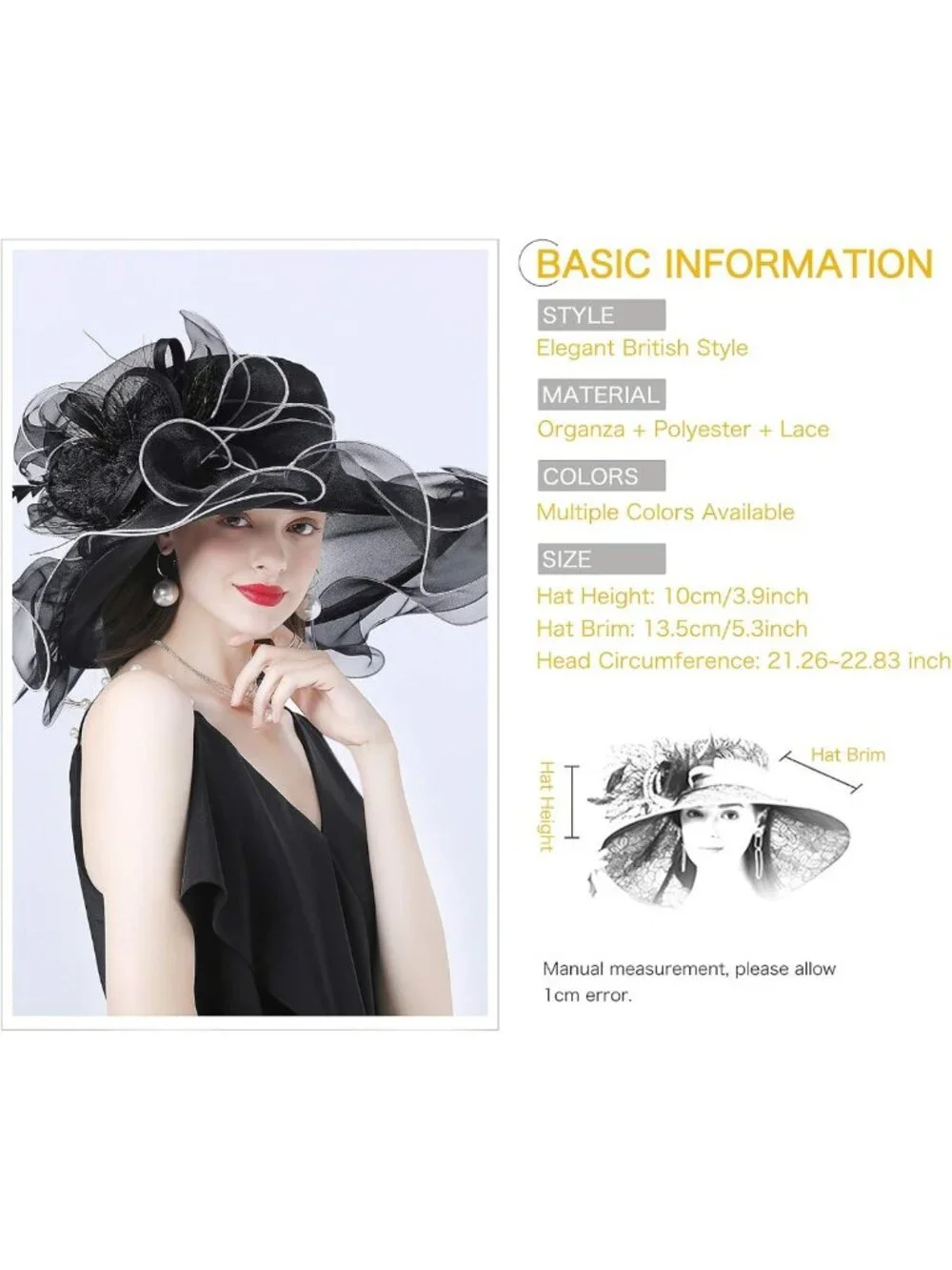 Elegant Wide Brim Organza Church Hat for Weddings & Tea Parties - Dual-Use